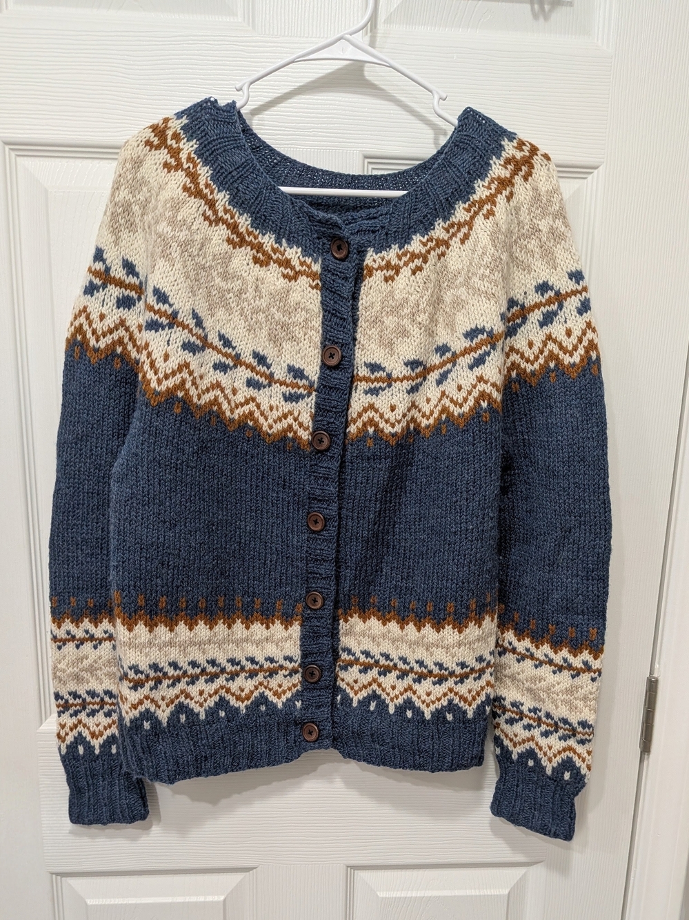 Hand Knit Blue Fair Isle Button-Up Sweater Cardigan - Picture 2 of 10